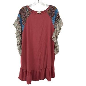 Umgee Pink Floral Dress Womens Small Ruffle Hem Boho Linen Blend